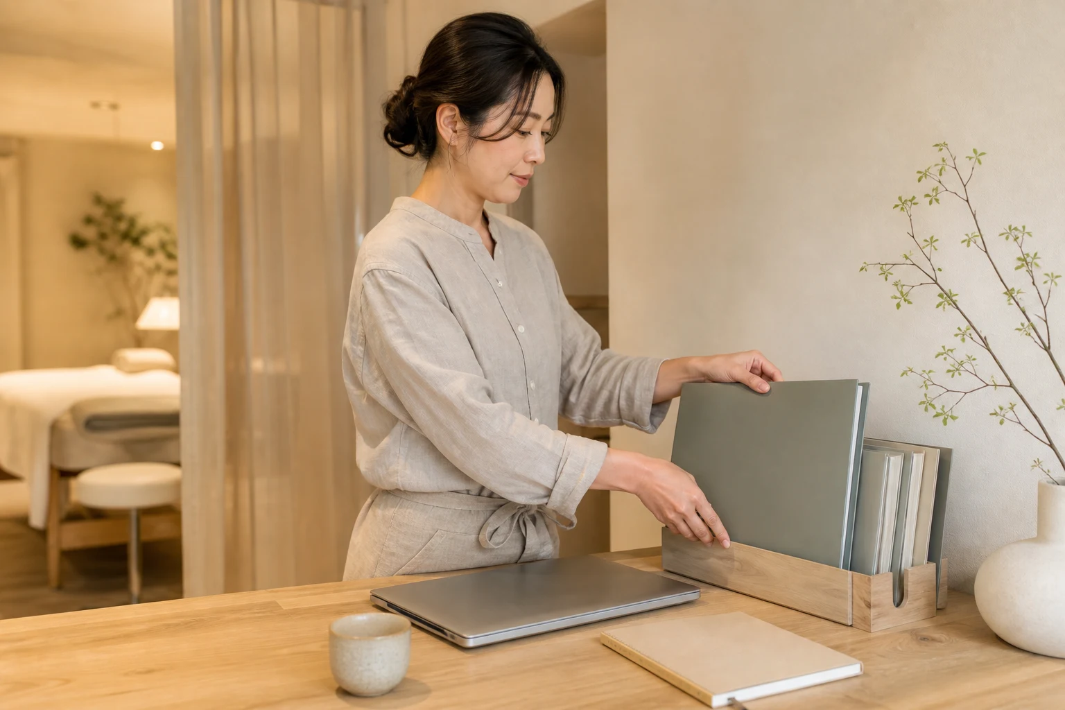 サロンでお客様の記録を整理するオーナーのイメージ